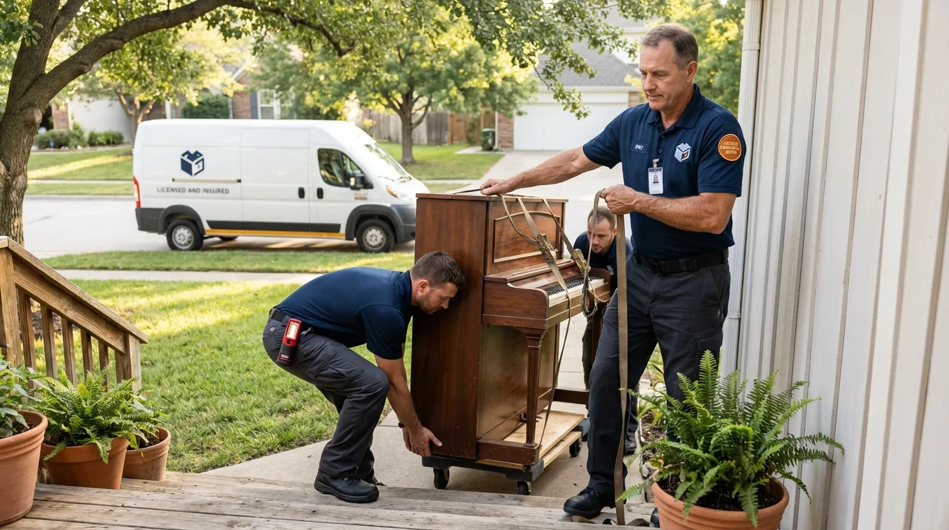 Licensed piano movers securing grand piano in Batesville, AR