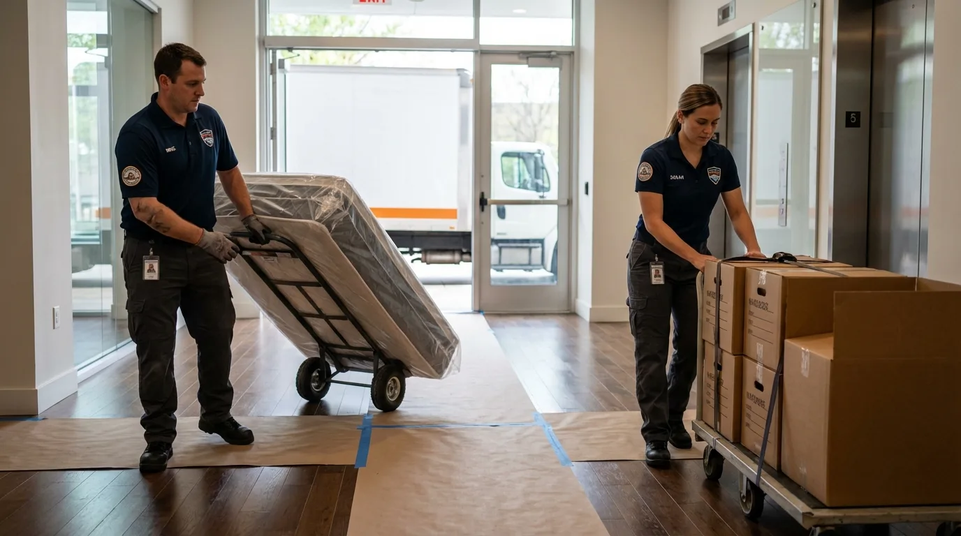 Professional apartment movers loading elevator in Batesville, AR